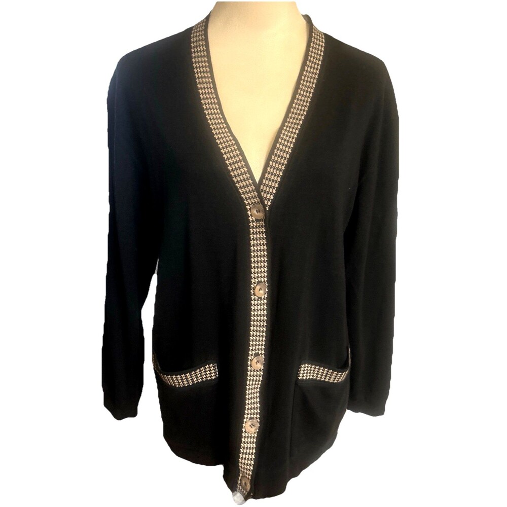 VTG Cathy Daniels Womens L Black Knit Cardigan Houndstooth Trim Pocket Sweater
